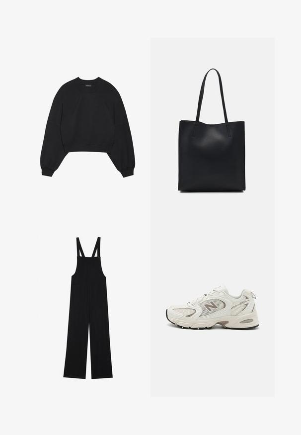 Juodas trumpas megztinis, pagamintas iš minkštos medžiagos, su ilgomis raglano rankovėmis, apvalia iškirpte ir guminėmis rankogaliais. Nėra ryškių raštų ar detalių.; Juodos antblauzdės, pagamintos iš minkštos medžiagos, su plačiomis kojomis, dviem priekinėmis kišenėmis ir reguliuojamomis petnešomis su sagčių aksesuarais.; Balti oro sportiniai batai su pilkais akcentais, suapvalintu nosiu, raištelių designu, paminkštintu padu ir ryškiu "N" logotipu šone.; Juodas odinis tote krepšys su lygia tekstūra, stačiakampio formos ir dviem ilgais rankenomis. Matomų metalinių detalių ar puošybos nėra.