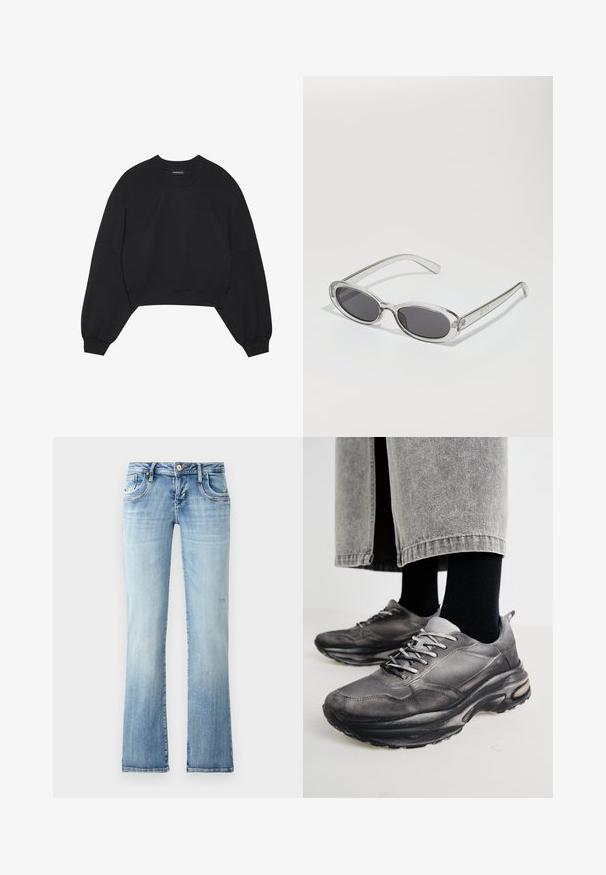 Black cropped sweatshirt made of soft fabric, featuring long raglan sleeves, a round neck, and elastic cuffs. No notable patterns or hardware.; Light blue denim jeans with a straight leg cut, featuring five pockets, a button closure, and subtle fading in the fabric texture.; Black and gray athletic shoes feature a mesh upper, thick soles, and laces. They have a rounded toe and visible cushioning detail.; Sunglasses with an oval shape, clear plastic frame, dark gray lenses, and thin transparent arms featuring logo accents and minimal detailing.