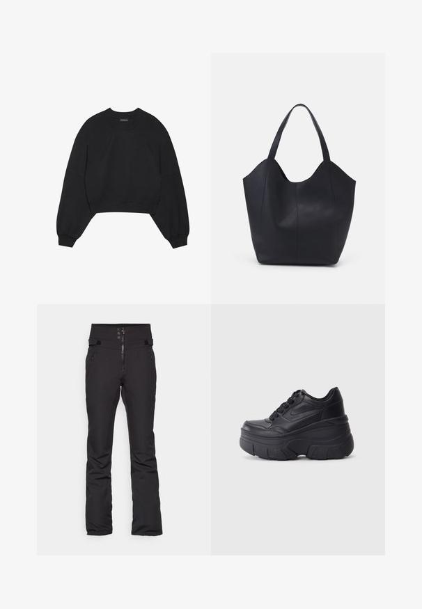 Zwarte cropped sweatshirt van zachte stof, met lange raglanmouwen, een ronde hals en elastische manchetten. Geen opvallende patronen of hardware.; Zwarte skibroek met een hoge tailleband, rits- en knoopsluiting, twee zijzakken en verstelbare klittenbandaccenten op de taille.; Zwarte vetersneakers met een dikke zool, voorzien van een bovenwerk van soepel leer, een ronde neus en een herkenbaar gelaagd platformontwerp.; Zwarte tote tas van glad leer, met een gebogen, open bovenkant en twee schouderbanden, en een minimalistisch ontwerp.