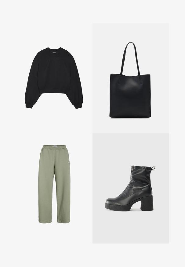 Sweatshirt preto crop feito de tecido macio, apresentando mangas raglan longas, um decote redondo e punhos elásticos. Sem padrões ou acessórios notáveis.; Calças de fato de treino verde-oliva feitas de um suave tecido em mistura de algodão, com uma cintura elástica, corte largo e design minimalista com um pequeno logótipo.; Botas de tornozelo pretas feitas de couro liso, com fecho lateral, salto grosso texturizado e design de bico arredondado.; Bolsa tote preta em couro com textura lisa, forma retangular e duas alças longas. Sem hardware ou enfeites visíveis.