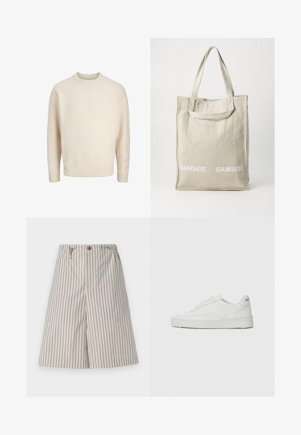 Cremefarvet bomuldsblended sweater med ribbet rund hals, dropped shoulders og ribbede manchetter og kant. Blød tekstur med en afslappet pasform.; Beige stribede shorts med en afslappet pasform, lavet af letvægtsstof. Har en knaplukning og to sidelommer.; Hvide lædersneakers med en glat overflade, rund tå, flade snørebånd og en tekstureret sål. Har et diskret logo på hælen.; Canvas tote bag i lys beige med dobbelthåndtag, med "SAMSOE" logo i hvidt trykt på fronten. Rektangulær form med enkelt design.