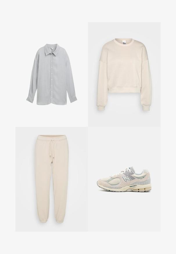Krémový zkrácený crewneck svetr s dlouhými rukávy a žebrovanými manžetami a lemem, vystavený na jednoduchém světle šedém pozadí.; Šedá košile s dlouhým rukávem a límečkem, vyrobená z lehkého materiálu, s jemnou texturou a bílými knoflíky.; Beige bavlněné tepláky s elastickým pasem, šňůrkou na stažení a elastickými manžetami, vystavené na jednoduchém bílém pozadí.; Světlé šedé a béžové tenisky New Balance vyrobené z nappa a síťoviny, s polstrovaným límcem, silnou podrážkou a reflexními prvky. Šněrovací design.