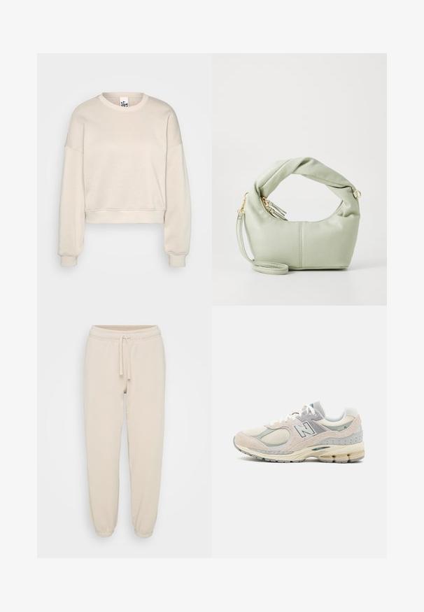Beige crewneck cropped sweatshirt med lange ærmer og ribbede manchetter og kant, præsenteret på en ensfarvet lys grå baggrund.; Beige bomuldssweatpants med elastisk talje, snoretræk og elastiske manchetter, præsenteret på en neutral hvid baggrund.; Lys grå og tan New Balance sneakers med ruskind og mesh materiale, polstret krave, tyk sål og reflekterende detaljer. Snørebåndsdesign.; Grøn faux læder håndtaske med et snoet håndtag, guldfarvet hardware og en aftagelig rem. Rundet form med en glat tekstur og sømdetaljer.