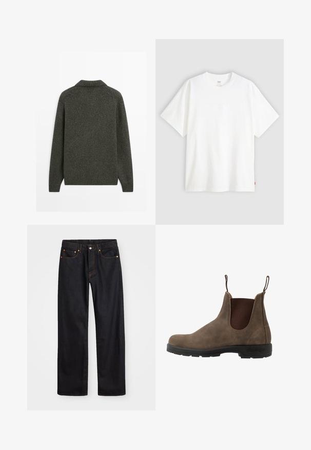 Maglione in lana grigio scuro con maniche lunghe e fondo a coste, mostrato dal retro su uno sfondo bianco uniforme.; T-shirt bianco a maniche corte in cotone con collo rotondo. Presenta un discreto dettaglio logo in rilievo sulla parte frontale e un'etichetta rossa sull'orlo.; Jeans neri in denim dritto da uomo con cinque tasche e cuciture arancioni, chiusura con bottone e zip sulla vita anteriore.; Stivale Chelsea in pelle marrone con pannelli laterali elastici, linguette posteriori e suola in gomma nera con battistrada testurizzato per una buona aderenza.