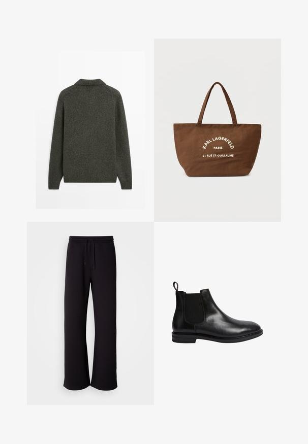 Dunkelgrauer Wollpullover mit langen Ärmeln und geripptem Saum, von hinten vor einem schlichten weißen Hintergrund gezeigt.; Weißes T-Shirt mit kurzen Ärmeln, lockere Passform, runder Ausschnitt, glattes Baumwollmaterial, ungeschmückter Rücken, gerader Saum, keine Muster oder Akzente.; Schwarze Jogginghose aus weichem Material, mit einem Kordelzugbund, lockerer Passform und geradem Bein. Minimalistischer Stil ohne Muster.; Schwarze Leder-Chelsea-Boots mit elastischem Seitenpanel, abgerundetem Zehenbereich, Zugschlaufe an der Rückseite und niedrigem gestapeltem Absatz. Glatte, polierte Oberfläche.; Braune Canvas-Tragetasche mit zwei Griffen, bedruckt mit weißem Text "KARL LAGERFELD PARIS 21 RUE ST-GUILLAUME." Einfaches Design und geräumige Form.