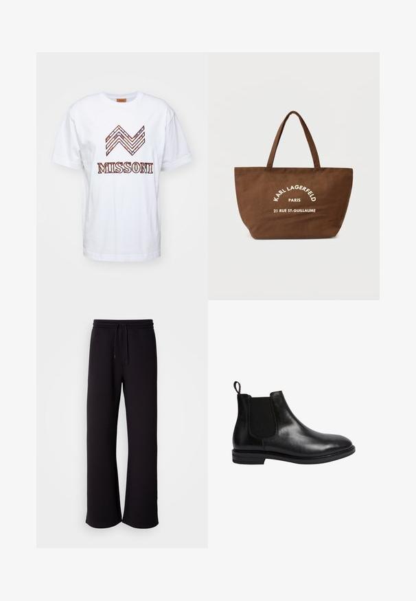 Tmavě šedý vlněný svetr s dlouhými rukávy a žebrovaným lemem, zobrazený zezadu na jednoduchém bílém pozadí.; Bílá bavlněná tričko s multibarevným cik-cak vzorem nad slovem "MISSONI" v tučném, stylizovaném písmu. Design s kulatým výstřihem.; Černé tepláky vyrobené z měkkého materiálu, s elastickým pasem na šňůrku, volným střihem a rovnými nohavicemi. Minimalistický styl bez vzorů.; Černý kožený chelsea bot s elastickým bočním panelem, zaoblenou špičkou, poutkem na zadní části a nízkým vrstveným podpatkem. Hladký, lesklý povrch.; Hnědá plátěná taška na rameno se dvěma úchyty, s bílým potiskem textu "KARL LAGERFELD PARIS 21 RUE ST-GUILLAUME." Jednoduchý design a prostorný tvar.