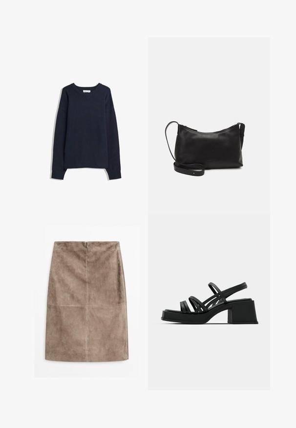 Námořnická modrá svetr s výstřihem do V, dlouhými rukávy, žebrovanými manžetami a lemem. Vyroben z měkkého pleteného materiálu, s uvolněným střihem a minimalistickým designem.; Suede tužková sukně v tlumené taupe barvě, s hladkou texturou, zadním zipovým uzávěrem a centrálním švem pro dodatečný detail.; Černé sandály na vysokém podpatku s mnoha tenkými pásky a širokým blokovým podpatkem. Elegantní design s matnou texturou. Podešev má mírný zakřivení.; Černá kožená taška přes rameno s hladkým povrchem, zakřiveným tvarem, nastavitelným popruhem a zipovým uzávěrem. Minimalistický design bez zdobení.