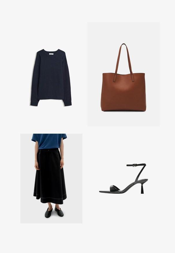 Námornícky modrý sveter s V-krkom, dlhými rukávmi, rebrovanými manžetami a spodným okrajom. Vyrobený z mäkkej pleteniny, s pohodlným strihom a minimalistickým dizajnom.; Čierna dlhá sukňa s viditeľným bielym prešívaním, v kombinácii s modrým krátkym rukávom a čiernymi topánkami. Materiál vyzerá mäkký a voľný.; Bershka Sandále na vysokom opätku - black; Hnedá kožená taška na rameno s hladkou textúrou, otvoreným vrchom a dvoma ramenými popruhmi. Má minimálne šitia a žiadne viditeľné kovania.