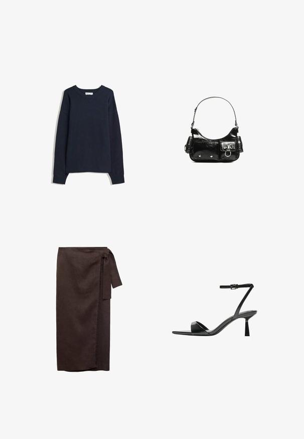 Navy blue sweater with a V-neck, long sleeves, ribbed cuffs and hem. Made of soft knit material, featuring a relaxed fit and minimal design.; Brown linen wrap skirt with a tied waist, straight silhouette, and frayed hem detail. Soft texture and floor-length design.; Bershka High heeled sandals - black; Black patent leather handbag with a curved shape, one shoulder strap, front pockets, and silver-tone hardware accents.