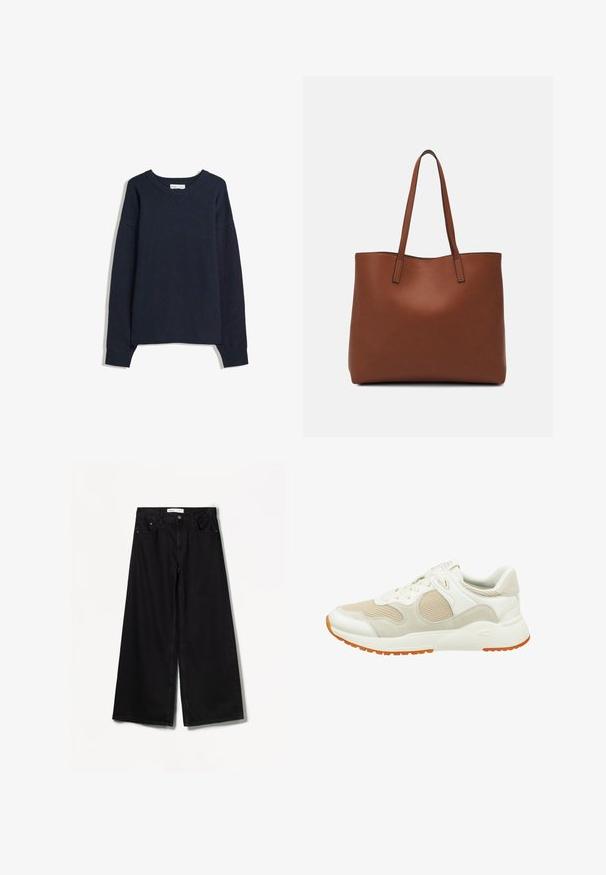 Dunkelblauer Pullover mit V-Ausschnitt, langen Ärmeln sowie gerippten Bündchen und Saum. Hergestellt aus weichem Strickmaterial, hat er eine lockere Passform und ein minimalistisches Design.; Bershka WIDE-LEG - Wide Leg - black; camel active RAMBLE - Sneaker low - off white; Braune Leder-Tote mit glatter Textur, offenem Oberteil und zwei Schulterriemen. Verfügt über minimale Nähte und keine sichtbaren Beschläge.
