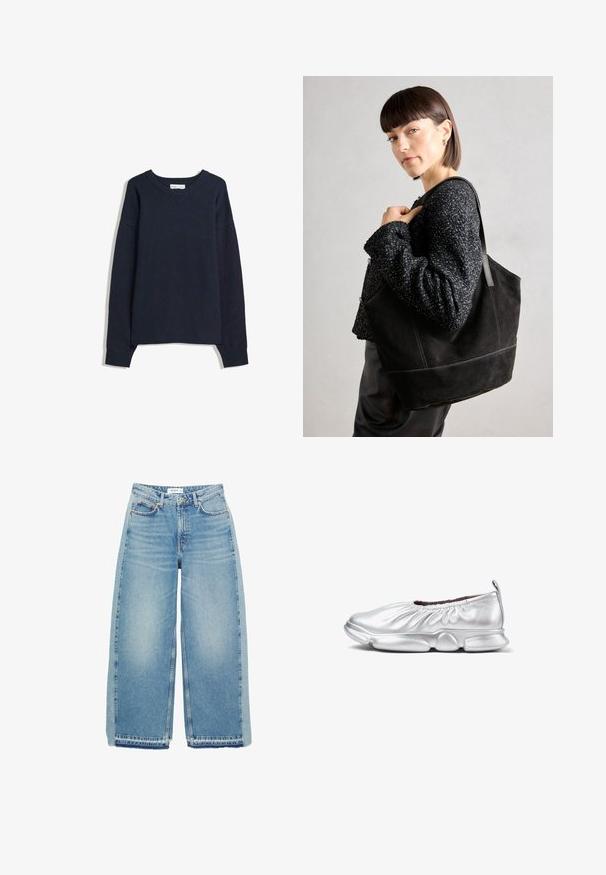 Tummansininen villapaita, jossa on V-pääntie, pitkät hihat, ribbireunat hihoissa ja helmassa. Valmistettu pehmeästä neulosmateriaalista, jossa on rento malli ja minimaalinen muotoilu.; Vaaleansiniset leveälahkeiset farkut, joissa on korkea vyötärö, napitus, etutaskut ja raaka helma.; Hopeaballerinakenkiä, joissa on kerätty materiaali kaulassa, pehmustettu pohja ja teksturoitu pinta pohjassa gripin vuoksi. Pehmeä ja kevyt muotoilu.; Musta mokkanahkainen laukku, jossa on sileä pinta, jämäkkä muoto ja kontrastivärinen ommel. Varustettu pitkillä hihnoilla olalla kantamista varten.