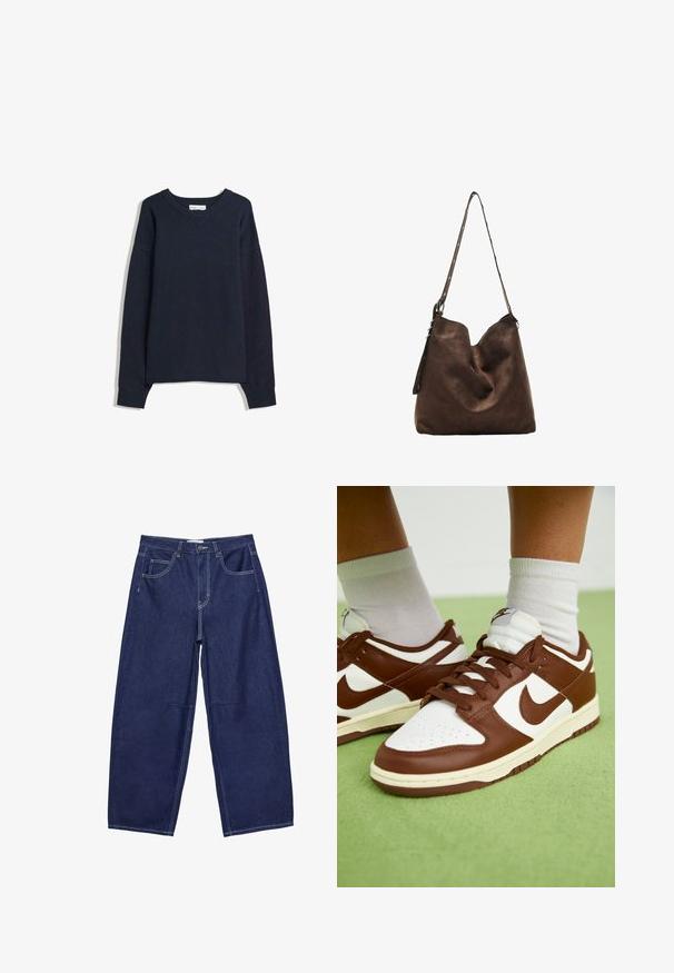 Tamno plavi pulover s V-izrezom, dugim rukavima, rebrastim manžetama i rubom. Izrađen od mekog pletenog materijala, sa opuštenim krojem i minimalnim dizajnom.; Tamno plava traperica širokog kroja s visokim strukom, pet džepova i kontrastnim bijelim šavovima. Glatka tekstura, klasičan dizajn.; Smešane smeđe i bijele kožne tenisice s perforiranim prstima, teksturiranim akcentima i ravnim vezicama. Model ima nisku dizajn i gumeni potplat.; Smešasti smeđi hobo torba s zakrivljenim vrhom, dugim remenom s točkastim detaljima i mekanim materijalom. Ima opušteni dizajn za svakodnevnu upotrebu.