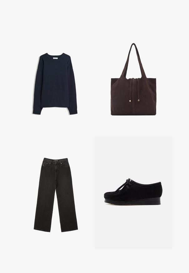Navy modra pulover s V-izrezom, dolgimi rokavi, rebrastimi manšetami in spodnjim robom. Narejen iz mehke pletene tkanine, s sproščenim krojem in minimalnim dizajnom.; Črne široke jeans hlače iz denima, z majhnimi pikčastimi vzorci, klasičnim petim žepom ter z gumbom in zadrgo za zapiranje.; Črne semiš čevlje z zaobljenim nosom, šivi v obliki predpasnika in detajli vezalk. Imajo nizek gumijast podplat za dodatno udobje.; Mango Torba za nakupovanje - dark brown