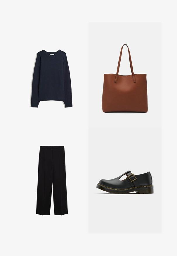 Marinblå tröja med V-hals, långa ärmar, ribbade ärmslut och nederkant. Tillverkad av mjukt stickat material, med en avslappnad passform och minimalistisk design.; Svarta vida byxor i en mjuk tygkvalitet, med veck framtill och sidofickor, designade med en rak och avslappnad passform.; Svart lädersko med rund tå, ankle strap med spänne, låg klack och gul söm längs sulan. Slät textur genom hela skon.; Brun läder tote-väska med en slät textur, öppen toppdesign och två axelremmar. Har minimal söm och ingen synlig metalldetalj.