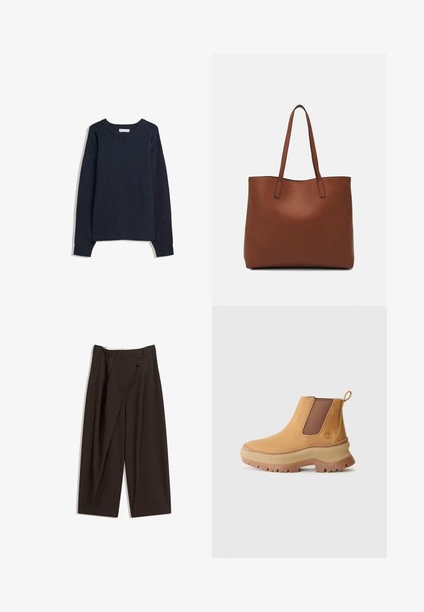 Nadrágkék V nyakú pulóver, hosszú ujjakkal, bordás mandzsettákkal és szegéllyel. Puha kötött anyagból készült, laza szabású és minimalista dizájnú.; Sötétbarna, bő szárú nadrág magas derékkal, egyetlen gombos záródással és redős elülső résszel. Könnyű anyagból készült.; Barna bőr bokacsizma elasztikus oldalpanellel, kerek orral és vastag, mély mintázatú gumitalppal; a saroknál húzófül található.; Barna bőr vászontáska sima textúrával, nyitott tetejű dizájnnal és két vállpánttal. Minimális varrással és látható hardver nélkül készült.