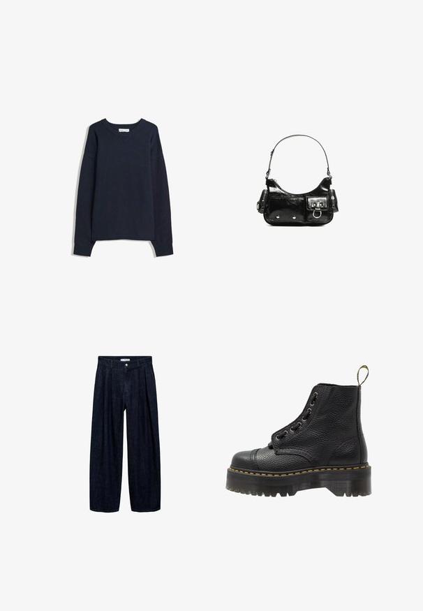 Tummansininen villapaita, jossa on V-pääntie, pitkät hihat, ribbireunat hihoissa ja helmassa. Valmistettu pehmeästä neulosmateriaalista, jossa on rento malli ja minimaalinen muotoilu.; Tummansinisiä leveälahkeisia housuja, joissa on laskoksia vyötäröllä, etupainike ja vyön lenkit. Sujuva rakenne ja täyspitkä muotoilu.; Mustat nahkaisen nilkkurit, joissa on teksturoidun pinnan, pyöreä kärki, nauhakiinnitys, keltainen ommel ja paksu, uritettu musta alustapohja.; Mustekko mustasta kiiltonahasta valmistettu käsilaukku, jossa on kaareva muoto, yksi olkahihna, etutaskut ja hopeanväriset yksityiskohdat.