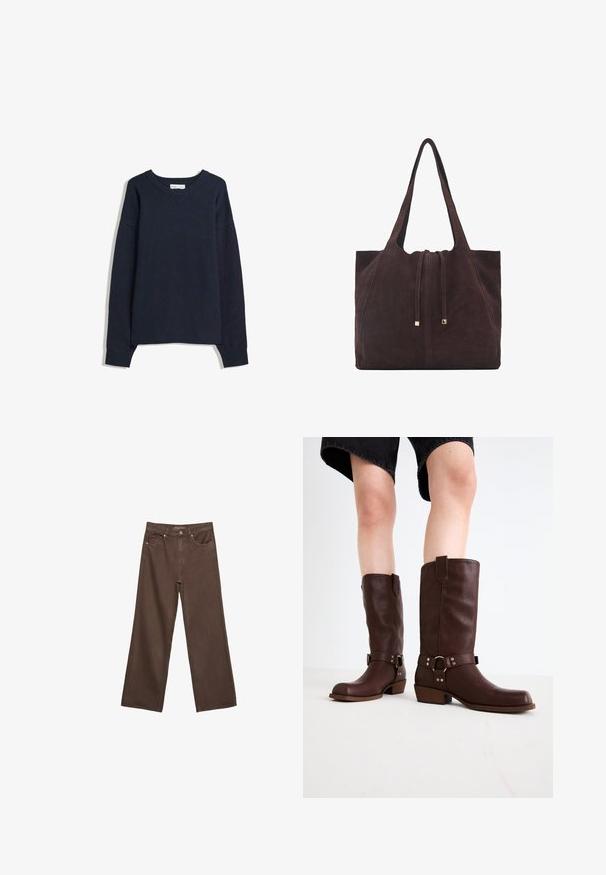 Navy modra pulover s V-izrezom, dolgimi rokavi, rebrastimi manšetami in spodnjim robom. Narejen iz mehke pletene tkanine, s sproščenim krojem in minimalnim dizajnom.; Široke rjave kavbojke iz denima, ki imajo visok pas, sprednje žepe in klasično zapiranje na gumb. Gladka tekstura s subtilnim šivom.; Rjave usnjene čizme do kolen s zaobljenim nosom, teksturirano površino, trakovi okoli gležnja in srebrni detajli; zasnovane s steknjenim peto.; Mango Torba za nakupovanje - dark brown