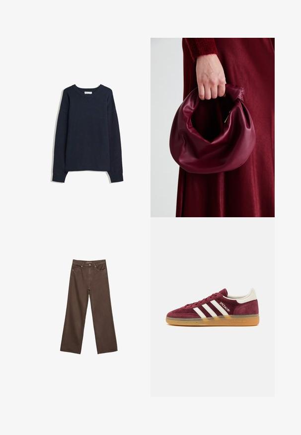 Mørkeblå sweater med V-hals, lange ærmer, ribbede mansjetter og bil. Lavet af blødt strikmateriale, med en afslappet pasform og minimalistisk design.; Bredde ben brun denim jeans med høj talje, forlommer og klassisk knaplukning. Glat tekstur med diskret syninger.; adidas Originals HANDBALL SPEZIAL - Sneakers - shadow red/off white; Bordeaux læderhåndtaske med et blødt, samlet design og en rund form. Håndtaget er sikret og viser en glat tekstur.