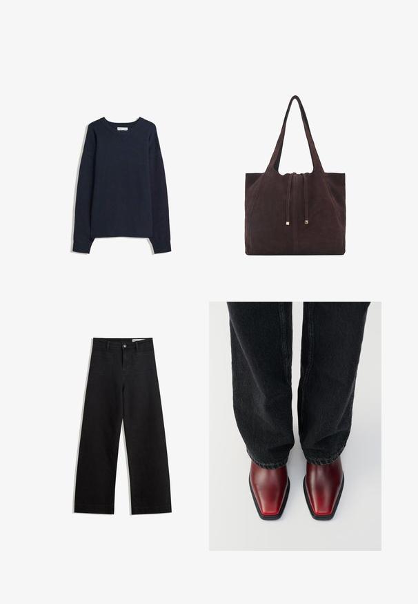 Maglione blu navy con scollo a V, maniche lunghe, polsini e orlo a costine. Realizzato in morbido materiale lavorato a maglia, presenta una vestibilità comoda e un design minimalista.; Pantaloni in denim neri a gamba larga con vita alta, dotati di tasche anteriori e posteriori, cuciture a punto, e chiusura con bottone. Texture liscia.; Stivaletti alla caviglia in pelle rossa con design a punta quadrata, caratterizzati da una suola in gomma nera a contrasto. Indossati con jeans denim scuri.; Mango Shopping bag - dark brown