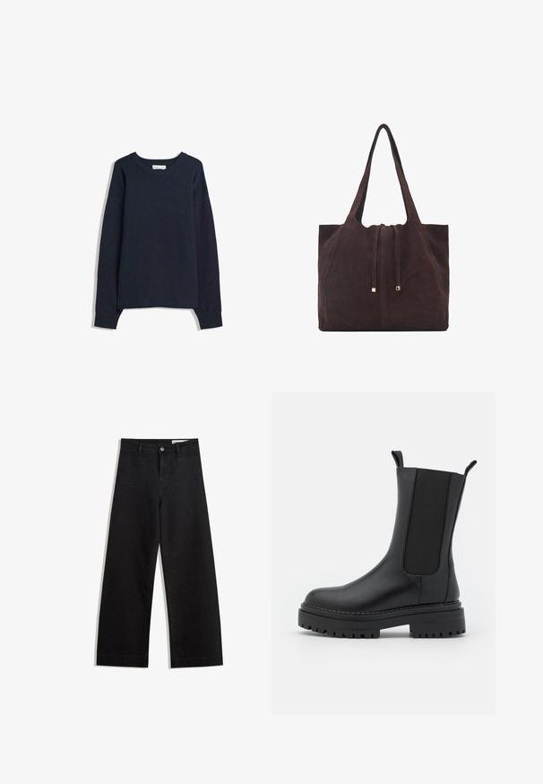 Marineblauwe trui met V-hals, lange mouwen, geribbelde boorden en zoom. Gemaakt van zacht breimateriaal, met een relaxte pasvorm en een minimalistisch ontwerp.; Zwarte denim broek met wijde pijpen en een hoge taille, voorzien van voor- en achterzakken, gestikte naden en een knoopsluiting. Gladde textuur.; RAID CHERISH - Plateaulaarzen - black; Mango Shopper - dark brown