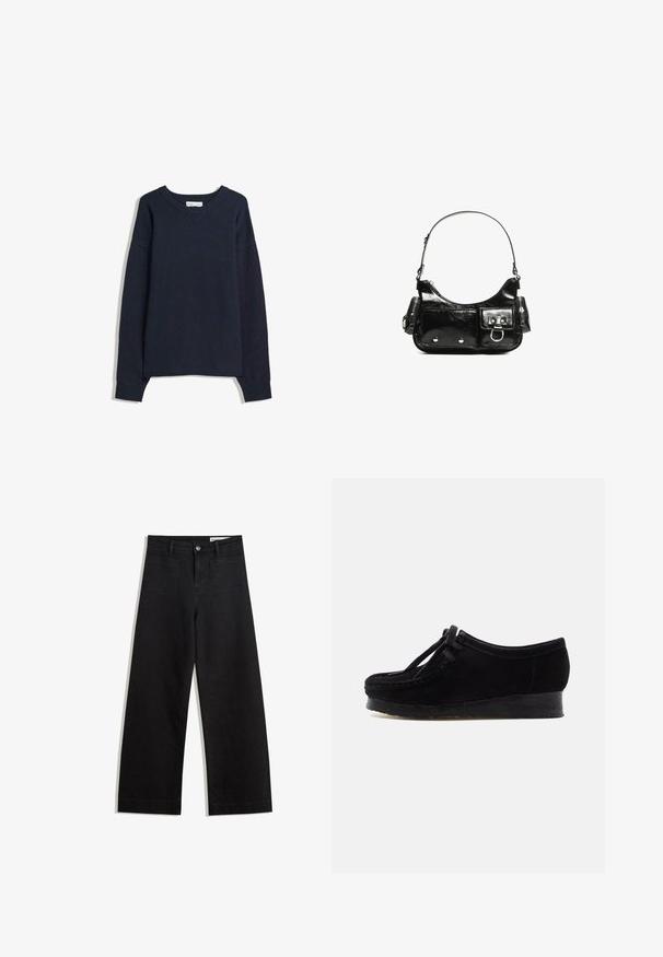 Námornícky modrý sveter s V-krkom, dlhými rukávmi, rebrovanými manžetami a spodným okrajom. Vyrobený z mäkkej pleteniny, s pohodlným strihom a minimalistickým dizajnom.; Čierne denimové nohavice s širokými nohavicami a vysokým pásom, so prednými a zadnými vreckami, šitými švami a zapínaním na gombík. Hladká textúra.; Čierne semišové topánky s zaoblenou špičkou, prešívaním na prednej časti a šnurovaním. Obsahujú nízku gumovú podrážku pre zvýšený komfort.; Čierna laková kožená kabelka s ohnutým tvarom, jedným ramenným popruhom, prednými vreckami a striebornými kovovými doplnkami.
