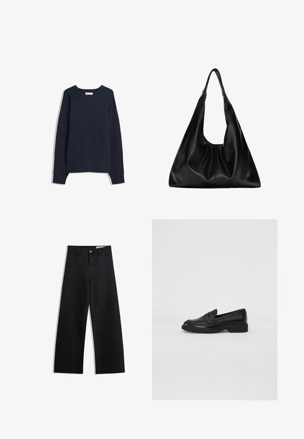 Mørkeblå sweater med V-hals, lange ærmer, ribbede mansjetter og bil. Lavet af blødt strikmateriale, med en afslappet pasform og minimalistisk design.; Sorte wide-leg denim bukser med høj talje, der har front- og baglommer, syede sømme og en knaplukning. Glat tekstur.; Marc O'Polo PAULA - Loafers - black; Sort læder hobo taske med en blød, buet form. Har en bred toprem og rynker i bunden for en afslappet struktur.