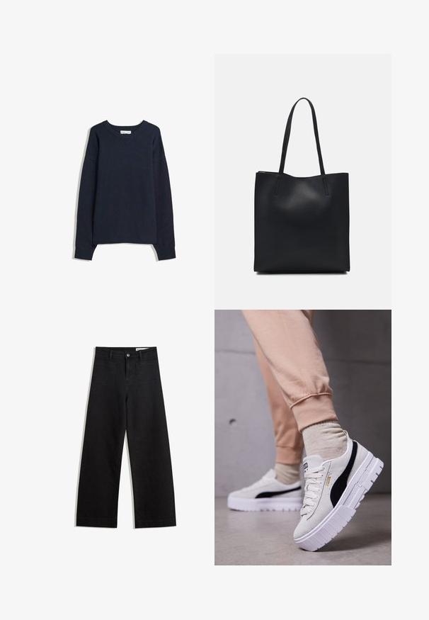 Navy modra pulover s V-izrezom, dolgimi rokavi, rebrastimi manšetami in spodnjim robom. Narejen iz mehke pletene tkanine, s sproščenim krojem in minimalnim dizajnom.; Črne široke denim hlače z visokim pasom, ki imajo sprednje in zadnje žepe, šivane šive ter gumbasto zapiranje. Gladka tekstura.; Beli nubuk teniske z črnim stranskim pasom in zlatim logotipom, ki imajo debel bel podplat in teksturirano površino. Obuti s svetlo bež trenirkami.; Črna usnjena torba s svilnato teksturo, pravokotne oblike in dvema dolgima ročajema. Brez vidnih metalnih delov ali okrasnih elementov.