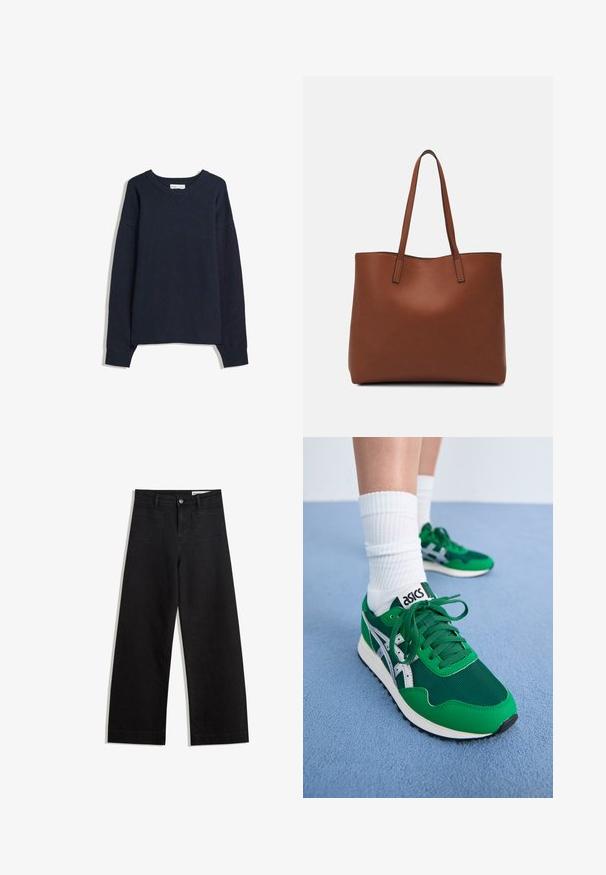 Navy modra pulover s V-izrezom, dolgimi rokavi, rebrastimi manšetami in spodnjim robom. Narejen iz mehke pletene tkanine, s sproščenim krojem in minimalnim dizajnom.; Črne široke denim hlače z visokim pasom, ki imajo sprednje in zadnje žepe, šivane šive ter gumbasto zapiranje. Gladka tekstura.; Zelena mrežasta in sintetična športna obutev z belimi poudarki in črnimi gumijastimi podplati. Ima vezalke, podloženi ovratnik in logotip ASICS na jeziku.; Rjava usnjena torba z gladko teksturo, odprto zasnovo zgoraj in dvema naramnima trakovoma. Opremljena je z minimalnim šivanjem in brez vidnih kovinskih delov.