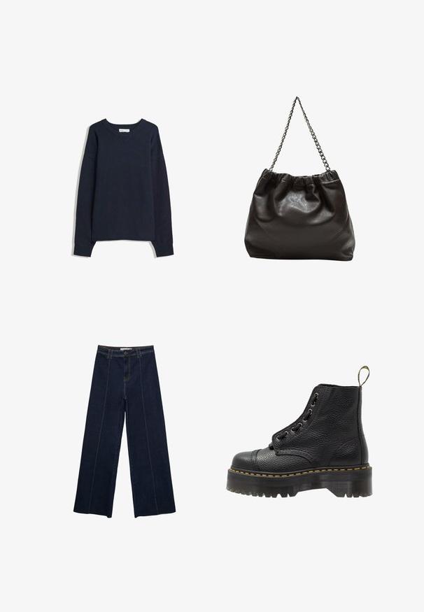 Marinblå tröja med V-hals, långa ärmar, ribbade ärmslut och nederkant. Tillverkad av mjukt stickat material, med en avslappnad passform och minimalistisk design.; Bredd-leg mörk denimbyxor med kontrastsöm, hög midja och rak passform. Har framfickor och en klassisk knappstängning.; Svart läderankelboot med texturerad yta, rund tå, snörningsdesign, gul stygn och en tjock, mönstrad svart plattformssula.; Brun läderväska med rynkad topp och kedjesnodd. Slät textur med en blankslipad yta och subtila sömdetaljer på sidorna.