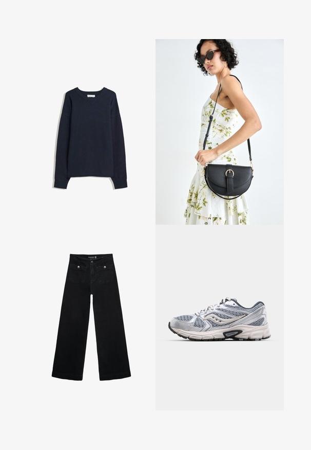 Tamno plavi pulover s V-izrezom, dugim rukavima, rebrastim manžetama i rubom. Izrađen od mekog pletenog materijala, sa opuštenim krojem i minimalnim dizajnom.; Crne široke traperice s visokim strukom, koje imaju dva prednja džepa i metalne gumbe kao ukrase. Tkanina ima glatku teksturu.; Srebrne trkačke tenisice s mrežastim gornjim dijelom, podstavljenom potplatom i sivim detaljima. Imaju zaobljen vrh i vezivanje. Vidljiv logo branda.; Crna kožna torba s lukovitim oblikom, odvojivim remenom i zlatnim detaljima. Torba ima preklop s kopčom.