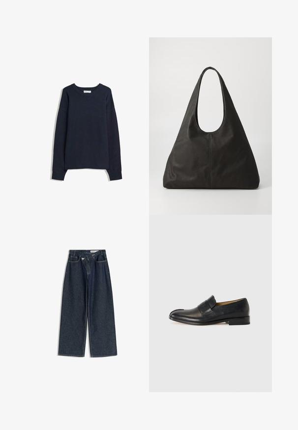 Dunkelblauer Pullover mit V-Ausschnitt, langen Ärmeln sowie gerippten Bündchen und Saum. Hergestellt aus weichem Strickmaterial, hat er eine lockere Passform und ein minimalistisches Design.; Weite, dunkelblaue Jeans mit hoher Taille, fünf Taschen und Kontrastnähten. Mit Metallknopf und Reißverschluss.; Schwarze Lederloafer mit glatter Textur, einer abgerundeten Spitze und einem auffälligen Riemen an der Vorderseite; verfügt über ein minimalistisches Design.; Schwarze Ledertasche mit einem geschwungenen Griff, elongated dreieckiger Form und glatter Textur. Besitzt ein minimalistisches Design ohne sichtbare Beschläge.