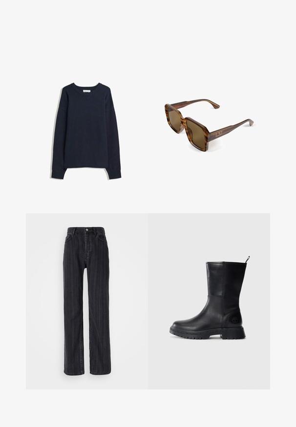 Maglione blu navy con scollo a V, maniche lunghe, polsini e orlo a costine. Realizzato in morbido materiale lavorato a maglia, presenta una vestibilità comoda e un design minimalista.; Jeans in denim neri a vita alta con motivo a righe verticali, design a gamba dritta e chiusura con bottone metallico anteriore.; Stivaletti neri in pelle con suola robusta e tassellata, finitura liscia e logo sul lato. Caratterizzati da un inserto per una facile calzata.; Occhiali da sole tartarugati marroni con montatura squadrata, lenti scure e branding dorato "L37" sulle aste. Texture liscia, design leggero.