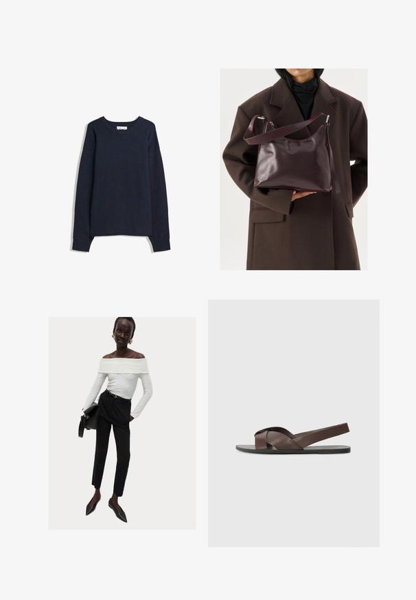 Granatowy sweter z dekoltem w serek, długimi rękawami, ściągaczami przy mankietach i na dole. Wykonany z miękkiego materiału dzianinowego, charakteryzuje się luźnym krojem i minimalistycznym designem.; Biała bluzka bez ramiączek z teksturowanej tkaniny, zestawiona z czarnymi spodniami o wysokim stanie i czarnymi szpilkami, trzymając czarną torbę.; Brązowe skórzane sandały z krzyżowym paskiem, płaską czarną podeszwą oraz regulowanym tylnym paskiem. Gładka faktura i minimalna ilość detali metalowych.; Osoba w ciemnobrązowym płaszczu trzyma błyszczącą, ciemnoczerwoną skórzaną torebkę na ramię z regulowanym paskiem, na jasnym tle.