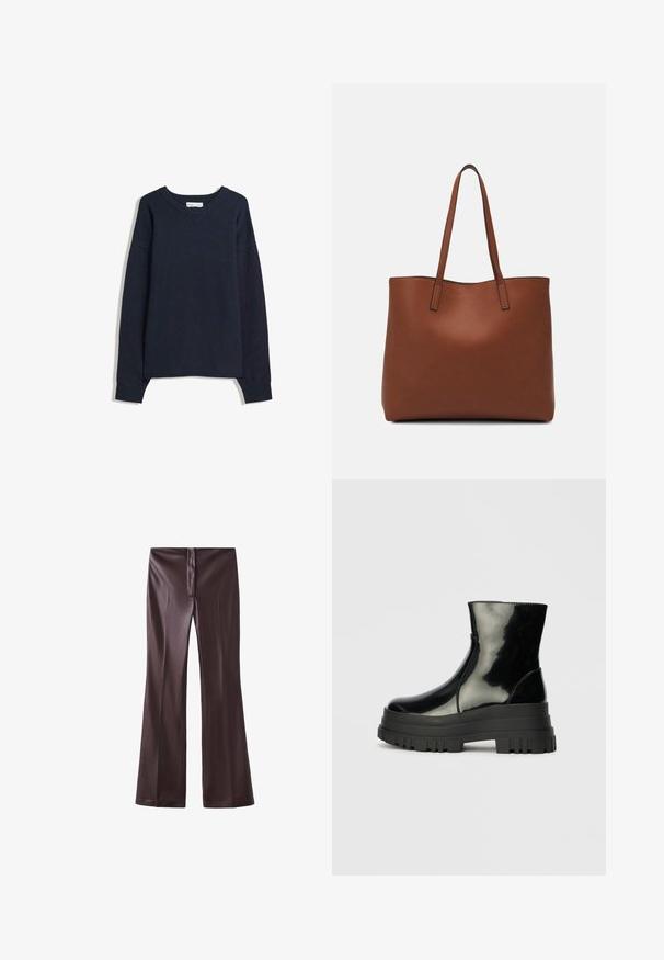 Marineblauwe trui met V-hals, lange mouwen, geribbelde boorden en zoom. Gemaakt van zacht breimateriaal, met een relaxte pasvorm en een minimalistisch ontwerp.; Bruine flared pants van een gladde stof met een strakke afwerking. Bevat een rits aan de voorkant en een nette tailleband.; Zwarte glanzende enkelboot met dikke profielzool en ronde neus, zijaanzicht op een effen lichtgrijze achtergrond.; Bruine leren tote bag met een gladde textuur, een ontwerp met een open bovenkant en twee schouderbanden. Kenmerkt zich door minimale stiksels en geen zichtbare hardware.