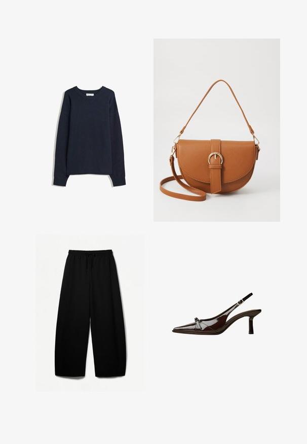 Tamno plavi pulover s V-izrezom, dugim rukavima, rebrastim manžetama i rubom. Izrađen od mekog pletenog materijala, sa opuštenim krojem i minimalnim dizajnom.; Crne hlače širokih nogavica s elastičnom trakom za struk i vezicom. Mekani materijal s glatkom teksturom. Ravnog kroja s bočnim šavovima.; Smeđe lakirane slingback cipele s upPointom, niskom petom i dekorativnom mašnom sprijeda. Glatka, sjajna tekstura.; Smeđa kožna torba preko tijela s zakrivljenim oblikom, zlatnim metalnim detaljima i naglaskom na kopču. Ima odvojivu naramenicu.