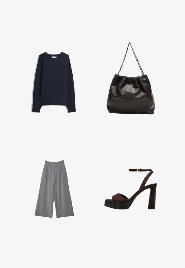 Granatowy sweter z dekoltem w serek, długimi rękawami, ściągaczami przy mankietach i na dole. Wykonany z miękkiego materiału dzianinowego, charakteryzuje się luźnym krojem i minimalistycznym designem.; Szare spodnie z szerokimi nogawkami z teksturowanej tkaniny, z fałdami w talii i dwoma bocznymi kieszeniami. Zaprojektowane w fasonie ze średnim stanem.; Brązowe zamszowe sandały na wysokim obcasie z odkrytymi palcami, regulowanym paskiem na kostce i paskowatą podeszwą.; Brązowa skórzana torba z marszczonym szczytem i łańcuszkowym paskiem. Gładka tekstura z błyszczącym wykończeniem i subtelnymi detalami szwów po bokach.