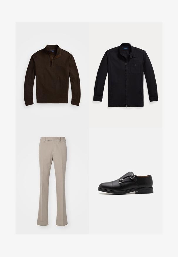 Brauner strukturierter Pullover mit einem Viertel-Reißverschlusskragen und einem Lederdetail. Ausgestattet mit einem dezenten Karomuster sowie gerippten Bündchen und Saum.; Schwarze Jacke aus leichtem Stoff, mit Reißverschluss vorne, spitzem Kragen und einer linken Brusttasche mit Logo. Lange Ärmel mit Detail an den Bündchen.; Helle beige Hosen im geraden Schnitt, aus einem glatten Stoff gefertigt. Mit einem Gürtelband und klaren, maßgeschneiderten Nähten.; Schwarze Leder-Halbschuh mit doppeltem Schnallenverschluss, abgerundeter Zehenpartie, dezenter Naht und flacher, strukturiertem Gummisohle.