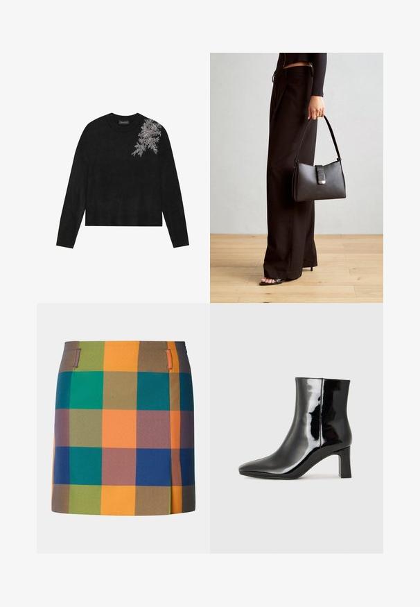 Sweater preto com mangas longas, decote redondo e comprimento cropped. Apresenta intrincados bordados florais em prata do lado esquerdo.; Saia multicolorida com um padrão de quadrados ousados em laranja, verde, azul e castanho. Projetada com um corte reto e detalhes nas laterais.; Botim de tornozelo em pele sintética preta com bico apontado e salto bloco de altura média. Textura suave e design minimalista.; Bolsa preta com forma estruturada, textura suave e um fecho metálico. Combinada com calças largas pretas e sandálias de salto aberto sobre um chão de madeira.