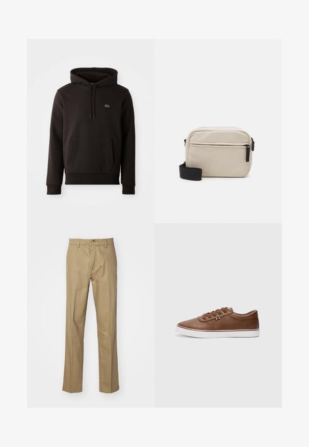 Fekete kapucnis pulóver puha anyagból, elülső kenguruzsebbel és egy kis színes logóval a mellkason. Bordázott mandzsetta és alsó szegély.; Sima szövetből készült bézs nadrág. Egyenes lábbal megtervezett, gombos záródással. Övhurkokkal és klasszikus fazonnal rendelkezik, ami sokoldalú illeszkedést biztosít.; Barna bőr sportcipő, fehér talppal, lekerekített orral és fűzős kialakítással. Egy kis piros, fehér és kék zászló részlettel díszítve.; Krém színű kordbársony crossbody táska fekete cipzárral, levehető vállpánttal és texturált mintával. Egy fő rekesszel és egy elülső zsebbel rendelkezik.