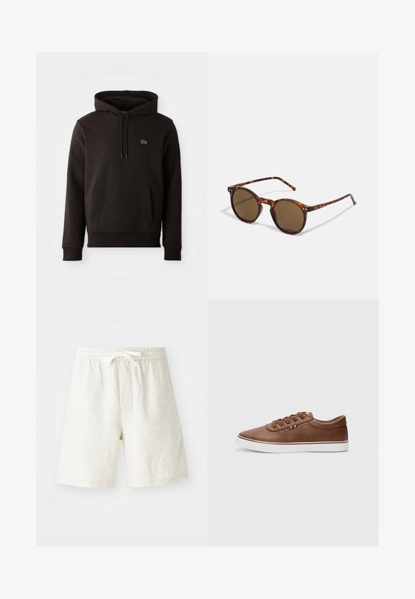 Sweatshirt à capuche noire en tissu doux, doté d'une poche kangourou à l'avant et d'un petit logo coloré sur la poitrine. Poignets et ourlet côtelés.; Shorts en lin beige clair avec une taille élastique et une corde de serrage. Comprend des poches latérales et une coupe décontractée. Texture lisse.; Sneaker en cuir marron avec une semelle blanche, un bout arrondi et un design à lacets. Agrémenté d'un petit détail en forme de drapeau rouge, blanc et bleu.; Lunettes de soleil rondes avec une monture en écaille de tortue et des verres marron. Elle présente des branches fines avec une légère texture et des accents en métal près des verres.