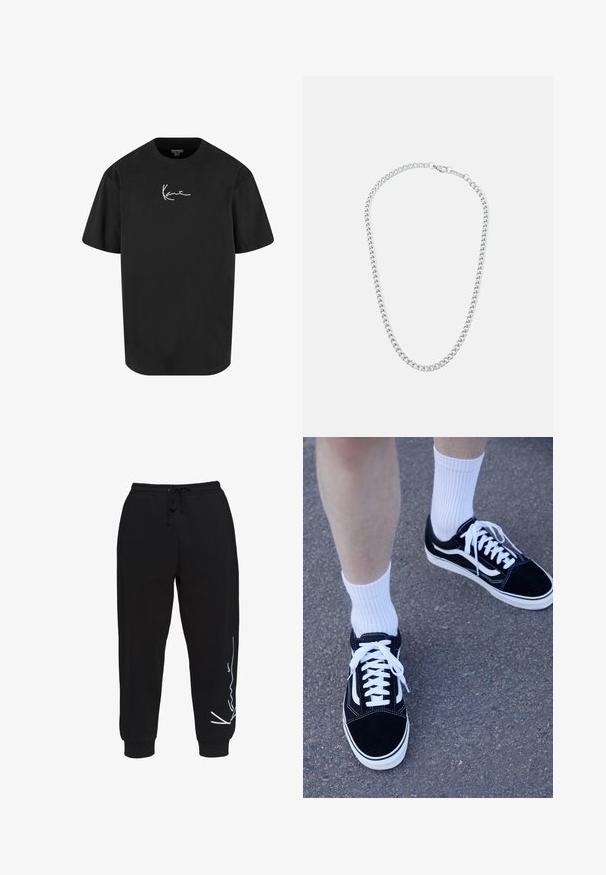Černá mikina s kulatým výstřihem, dlouhými rukávy a žebrovanými manžetami. Vyrobena z měkké tkaniny, která se vyznačuje jednoduchým, čistým designem bez vzorů.; Černé bavlněné tričko s krátkým rukávem, kulatým výstřihem a bílým podpisovým logem potištěným na přední straně. Hladká textura a volný střih.; Černé tepláky vyrobené z bavlny, s elastickým pasem na šňůrku, zúženými nohavicemi a bílým logem na levé straně.; Černé semišové tenisky s bílými akcenty a tkaničkami, v kombinaci s bílými žebrovanými ponožkami, umístěné na texturovaném šedém povrchu.; Stříbrný kovový řetízek na krk s proplétajícími se články a bezpečným zapínáním, hladký povrch, rovnoměrné zpracování a klasický design.