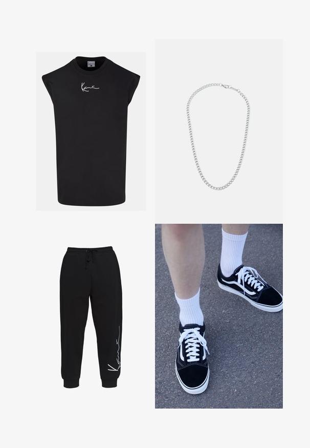 Černá mikina s kulatým výstřihem, dlouhými rukávy a žebrovanými manžetami. Vyrobena z měkké tkaniny, která se vyznačuje jednoduchým, čistým designem bez vzorů.; Černé bezrukávové tričko vyrobené z bavlny, s kulatým výstřihem a bílým podpisovým logem na přední straně. Hladká textura, volný střih.; Černé tepláky vyrobené z bavlny, s elastickým pasem na šňůrku, zúženými nohavicemi a bílým logem na levé straně.; Černé semišové tenisky s bílými akcenty a tkaničkami, v kombinaci s bílými žebrovanými ponožkami, umístěné na texturovaném šedém povrchu.; Stříbrný kovový řetízek na krk s proplétajícími se články a bezpečným zapínáním, hladký povrch, rovnoměrné zpracování a klasický design.
