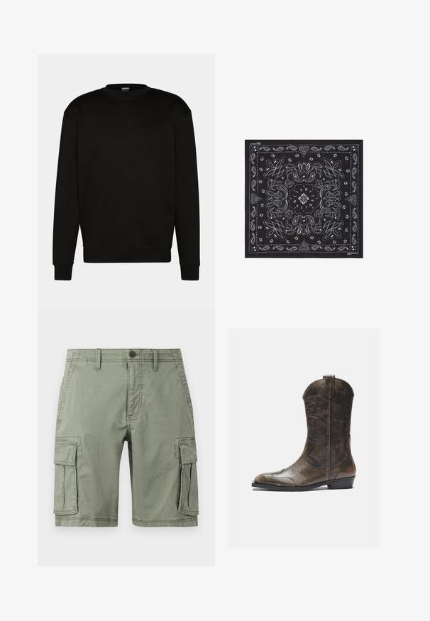 Sudadera negra con cuello redondo, mangas largas y puños acanalados. Fabricada con tela suave, presenta un diseño sencillo y limpio, sin patrones.; Pantalones cortos cargo verdes hechos de una mezcla de algodón, con dos bolsillos laterales, cierre de botón y un diseño de corte recto.; Bota de cowboy de cuero marrón con un caña alta, puntera puntiaguda, patrones de costura intrincados y un tacón pequeño. Acabado texturizado en toda la bota.; Bandana negra con intrincados patrones de paisley y florales en blanco, con acentos de puntos, fabricada en tela ligera, de forma cuadrada.