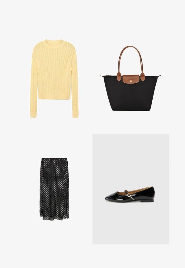 Light yellow knitted sweater with a crew neckline, featuring a textured cable pattern and long sleeves, finished with a ribbed hem.; Black polka dot skirt made of lightweight fabric with an elastic waistband, featuring white dots in a uniform pattern, hemmed bottom edge.; Black patent leather flat shoe with a pointed toe, ankle strap featuring a gold-tone buckle, and a low block heel. Smooth, glossy finish.; Black nylon tote bag with brown leather accents and handles. Features a snap closure and a front pocket with a logo detail.; White satin bow with a central knot, featuring wide loops and long, pointed tails. Smooth texture and clean, elegant design.