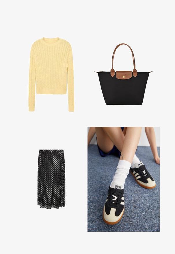 Light yellow knitted sweater with a crew neckline, featuring a textured cable pattern and long sleeves, finished with a ribbed hem.; Black polka dot skirt made of lightweight fabric with an elastic waistband, featuring white dots in a uniform pattern, hemmed bottom edge.; Black and white athletic shoes with a suede and leather upper, featuring three white stripes and a gum sole. Pair worn with white socks.; Black nylon tote bag with brown leather accents and handles. Features a snap closure and a front pocket with a logo detail.; White satin bow with a central knot, featuring wide loops and long, pointed tails. Smooth texture and clean, elegant design.