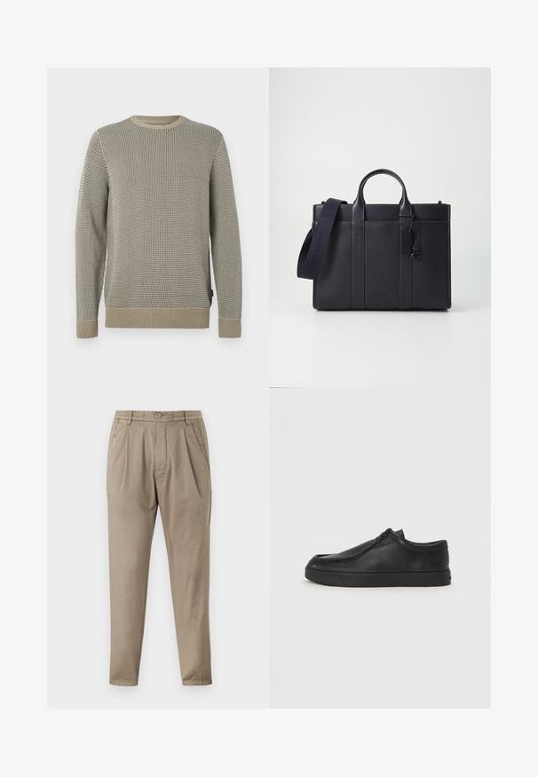 Svetr s dlouhým rukávem v béžovém a černém houndstooth vzoru, s kulatým výstřihem, žebrovanými manžetami a texturovaným povrchem.; Béžové kalhoty vyrobené z měkké tkaniny, s volným střihem, sklady na přední straně, elastickým pasem a zúženými nohavicemi.; Černé kožené nazouvací boty s kulatou špičkou, prošitím a černou gumovou podrážkou. Hladký povrch s minimalistickým designem.; Tmavě námořnická kožená aktovka s dvojitými horními rukojeťmi a odnímatelným popruhem. Má texturovaný povrch, vertikální švy a detail s logem.