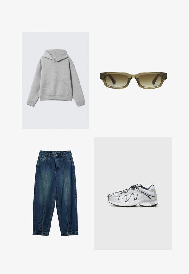 Grey cotton hoodie featuring a front pocket, relaxed fit, and a drawstring hood with a ribbed hem and cuffs. Smooth texture, minimal design.; Denim pants featuring a classic blue wash, high-waisted design, loose fit, front and back pockets, and button closure at the waistband.; White athletic shoes with a mesh upper, black accents, textured rubber sole, and elastic lacing system. Lightweight with a modern design.; Brown gradient sunglasses with a rectangular shape, thick chunky frames, and black temples. Transparent brown material adds dimension.