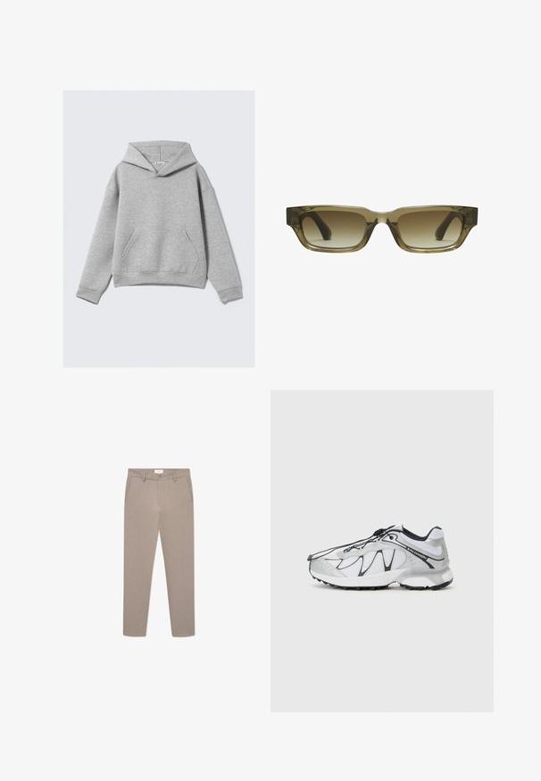 Šedá bavlněná mikina s kapucí, která má přední kapsu, volnější střih a stahovací šňůrku na kapuci s žebrovaným lemem a manžetami. Hladká textura, minimalistický design.; Béžové kalhoty na míru slim fit, s zipovým zapínáním, předními kapsami a jemným texturovaným vzorem. Vyrobené z lehké tkaniny.; Bílé sportovní boty s síťovaným svrškem, černými akcenty, texturovanou gumovou podrážkou a elastickým šněrovacím systémem. Lehký model s moderním designem.; Hnědé gradientní sluneční brýle s obdélníkovým tvarem, silnými masivními rámy a černými stranami. Průhledný hnědý materiál dodává rozměr.