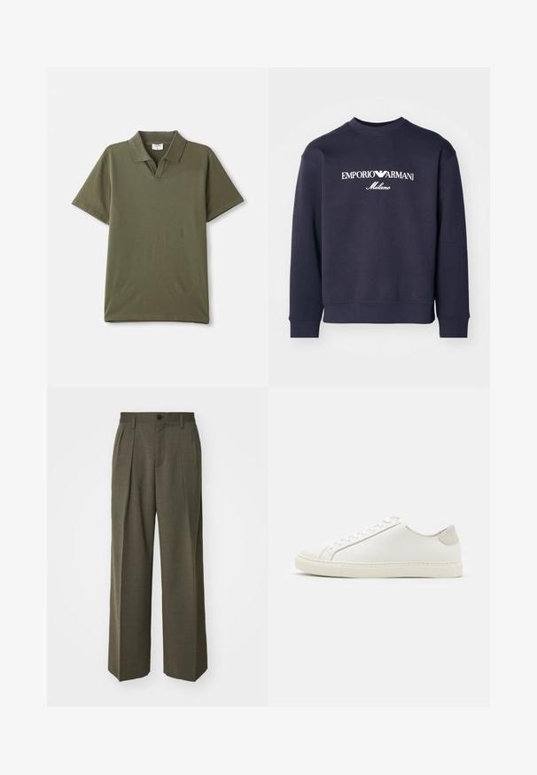 Mørkeblå sweatshirt med lange ærmer, ribbede manchetter og rund hals. Har hvite logoer "EMPORIO ARMANI" og "Milano" på forsiden.; Olivenfarget polo skjorte laget av glatt bomull. Har klassisk krage og korte ermer. Minimalistisk design uten mønstre eller detaljer.; Filippa K WIDE TROUSERS - Bukse - driftwood; Hvite lærersneakers med en jevn overflate, rund tå og minimalistisk design. Har beige detaljer på hælen og en gummisåle.
