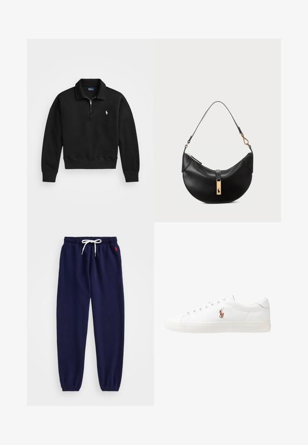 Melna puloverja jaka, kas izgatavota no mīksta auduma, ar pusi rāvējslēdzēju apkakli, ribotiem piedurknēm un mazu baltu logo kreisajā krūtī.; Sarkani zili bikses ar elastīgu jostasvietu un auklu, ar sašaurinātiem pēdām un mazu sarkano logotipu kreisajā augšstilbā. Mīksts auduma raksts.; Baltas ādas sporta apavi, zema dizaina, ar gludu tekstūru, noapaļotu purngalu, ar auklēm priekšpusē un nelielu izšūtu logotipu sānos.; Melnas ādas rokas soma pusmēness formas. Iezīmē zelta metāla akcentus un šauru siksniņu. Gluda tekstūra, rāvējslēdzēja aizdare augšpusē.